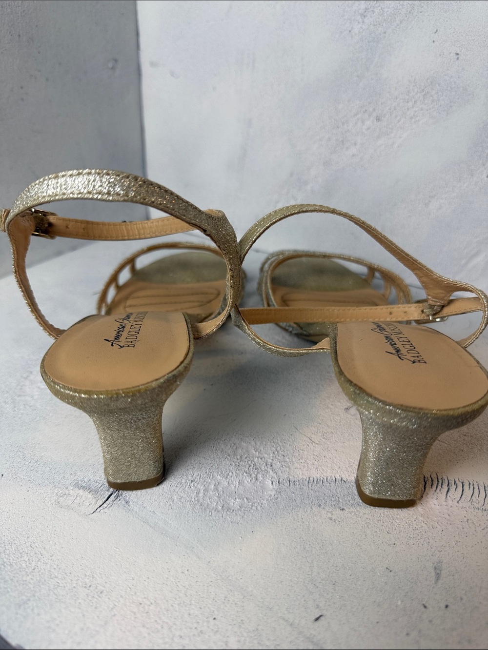 Badgley Mischka Gold Glitter Rhinestone Strappy Heels - Picture 2 of 4